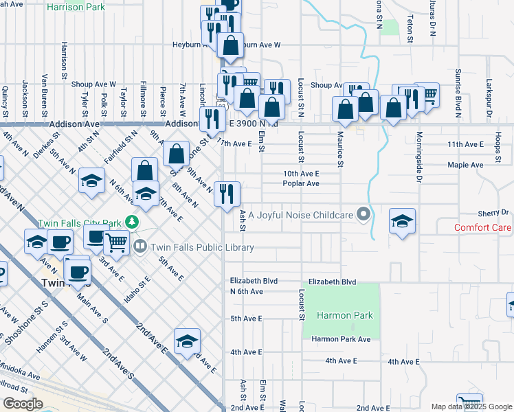 map of restaurants, bars, coffee shops, grocery stores, and more near 1236-1248 9th Avenue East in Twin Falls