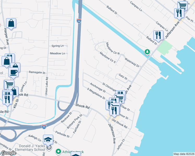 map of restaurants, bars, coffee shops, grocery stores, and more near 25121 Saint Christopher Street in Harrison Township