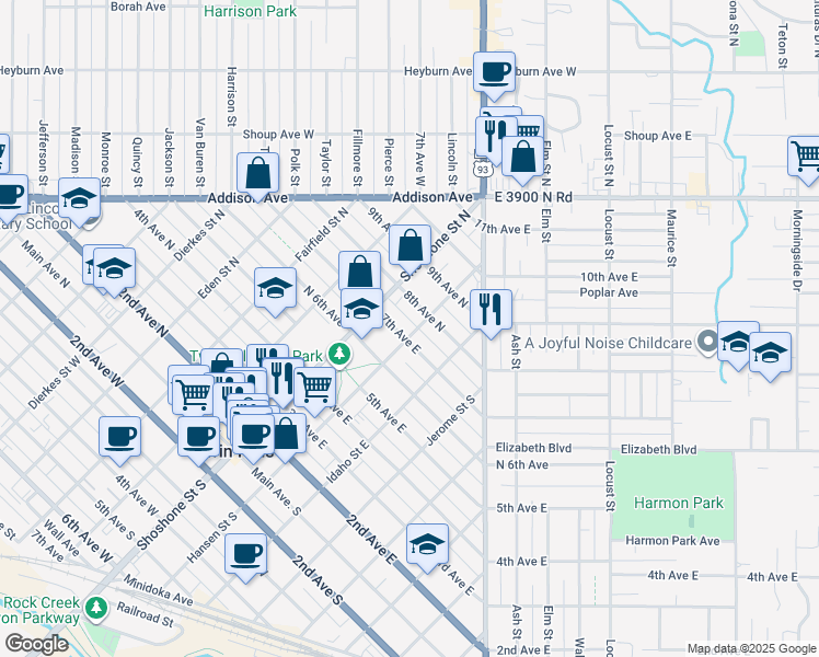 map of restaurants, bars, coffee shops, grocery stores, and more near 155 7th Avenue East in Twin Falls