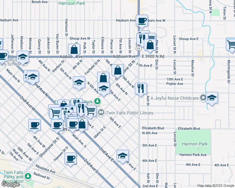 map of restaurants, bars, coffee shops, grocery stores, and more near 155 7th Avenue North in Twin Falls