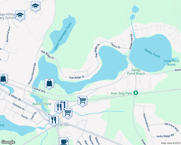 map of restaurants, bars, coffee shops, grocery stores, and more near 134 Oak Ridge Drive in Ayer