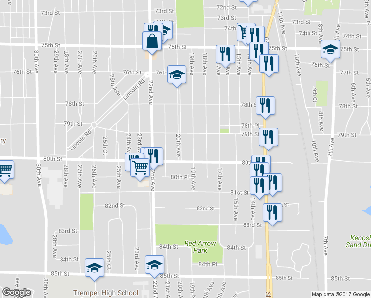 map of restaurants, bars, coffee shops, grocery stores, and more near 7933 20th Avenue in Kenosha