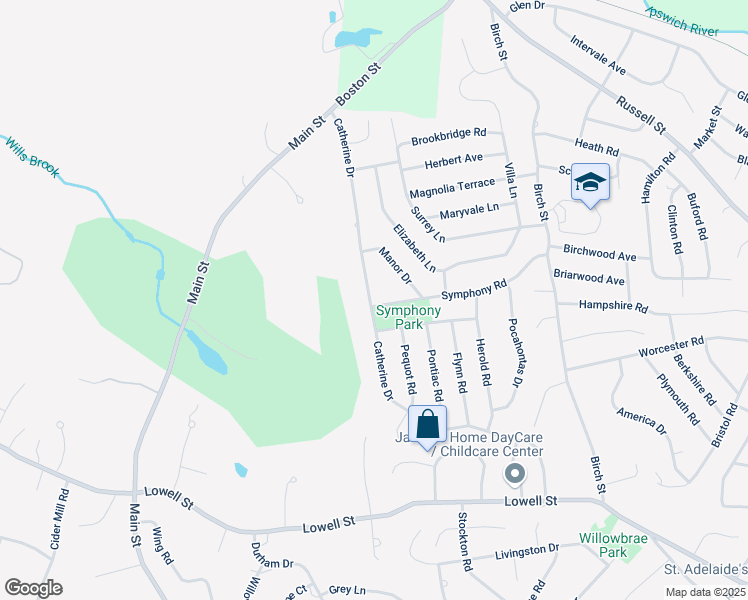 map of restaurants, bars, coffee shops, grocery stores, and more near 67 Symphony Road in Peabody