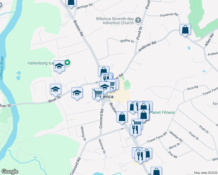 map of restaurants, bars, coffee shops, grocery stores, and more near 5 Andover Road in Billerica