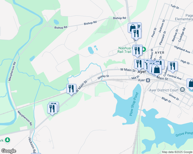 map of restaurants, bars, coffee shops, grocery stores, and more near 118 West Main Street in Ayer