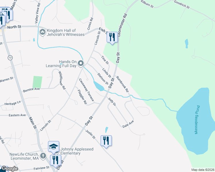 map of restaurants, bars, coffee shops, grocery stores, and more near 347 Day Street in Leominster