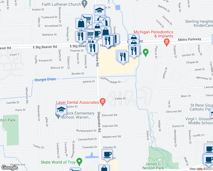 map of restaurants, bars, coffee shops, grocery stores, and more near 36300 Dequindre Road in Sterling Heights