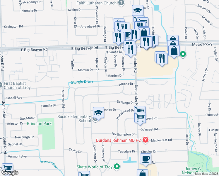 map of restaurants, bars, coffee shops, grocery stores, and more near 2782 Athena Drive in Troy