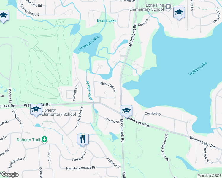 map of restaurants, bars, coffee shops, grocery stores, and more near 5490 White Hall Circle in West Bloomfield Township