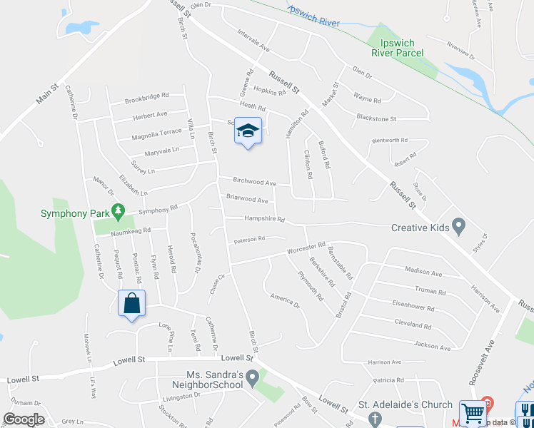 map of restaurants, bars, coffee shops, grocery stores, and more near 12 Hampshire Road in Peabody