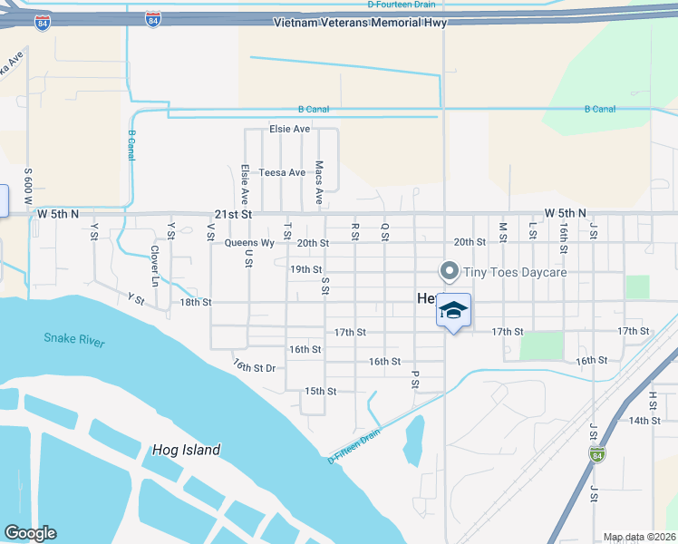 map of restaurants, bars, coffee shops, grocery stores, and more near 1858 19th Street in Heyburn