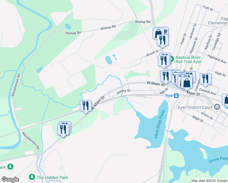 map of restaurants, bars, coffee shops, grocery stores, and more near 118 West Main Street in Ayer