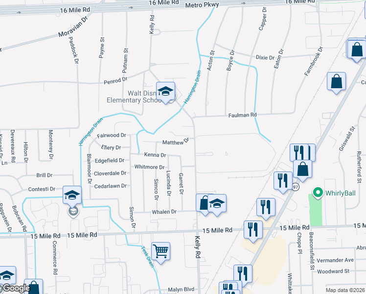 map of restaurants, bars, coffee shops, grocery stores, and more near 18532 Matthew Drive in Clinton Township