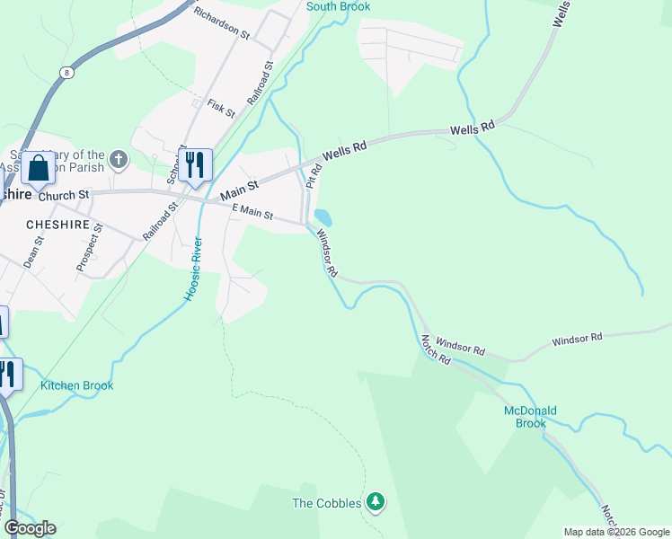 map of restaurants, bars, coffee shops, grocery stores, and more near 77 Windsor Road in Cheshire