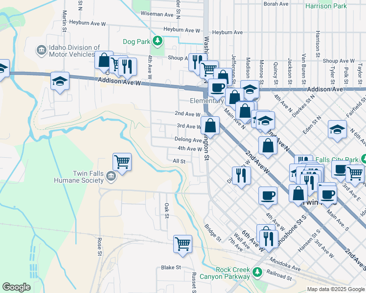 map of restaurants, bars, coffee shops, grocery stores, and more near 804 4th Avenue West in Twin Falls