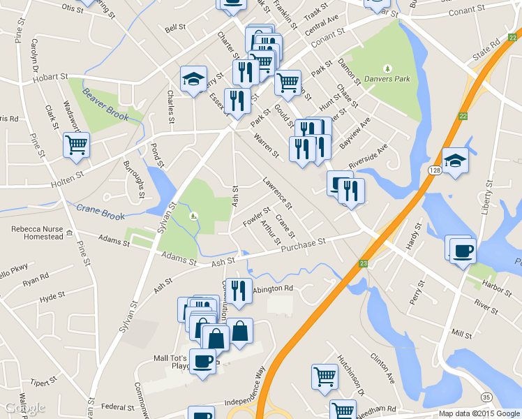 map of restaurants, bars, coffee shops, grocery stores, and more near 18 Fowler Street in Danvers