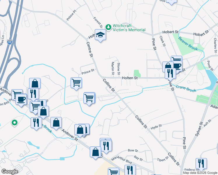 map of restaurants, bars, coffee shops, grocery stores, and more near 11 Collins Street in Danvers
