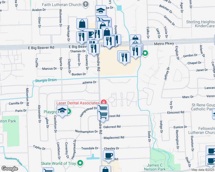map of restaurants, bars, coffee shops, grocery stores, and more near 36300 Dequindre Road in Sterling Heights
