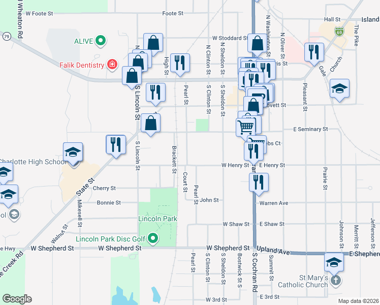 map of restaurants, bars, coffee shops, grocery stores, and more near 323 Pearl Street in Charlotte