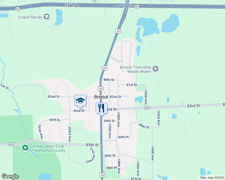 map of restaurants, bars, coffee shops, grocery stores, and more near 8103 199th Avenue in Kenosha