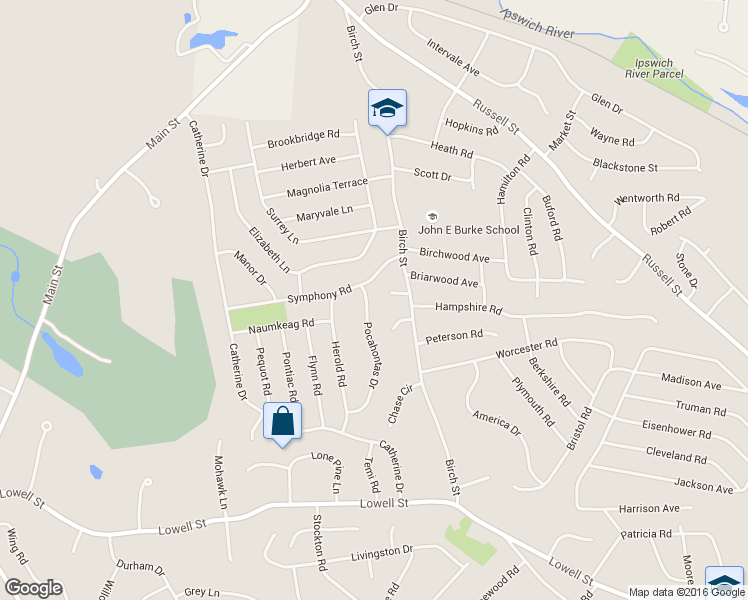 map of restaurants, bars, coffee shops, grocery stores, and more near 23 Pocahontas Drive in Peabody