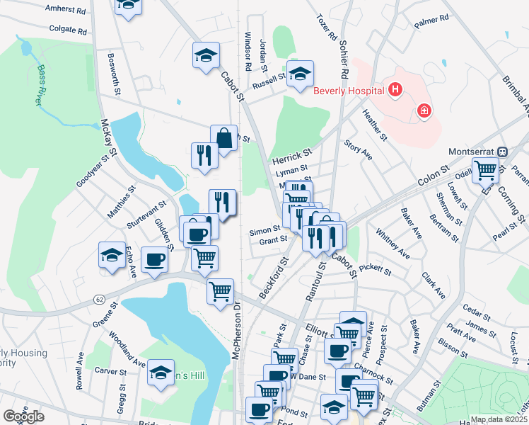 map of restaurants, bars, coffee shops, grocery stores, and more near 416 Cabot Street in Beverly