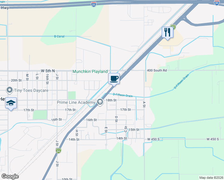 map of restaurants, bars, coffee shops, grocery stores, and more near 1840 U.S. 30 in Heyburn