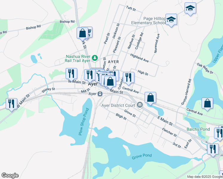 map of restaurants, bars, coffee shops, grocery stores, and more near 9 Main Street in Ayer