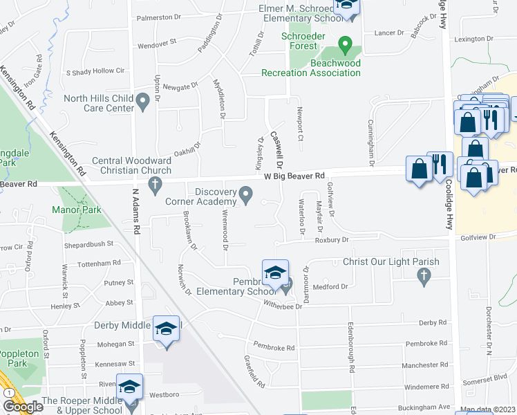 map of restaurants, bars, coffee shops, grocery stores, and more near 3475 Dorothea Court in Troy
