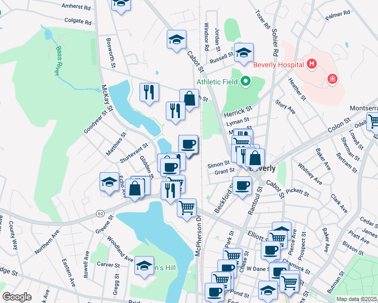 map of restaurants, bars, coffee shops, grocery stores, and more near 100 Cummings Center in Beverly