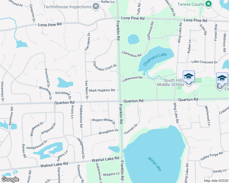 map of restaurants, bars, coffee shops, grocery stores, and more near 1624 Mark Hopkins Road in Bloomfield Hills