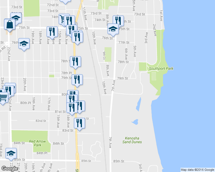 map of restaurants, bars, coffee shops, grocery stores, and more near 7929 10th Avenue in Kenosha