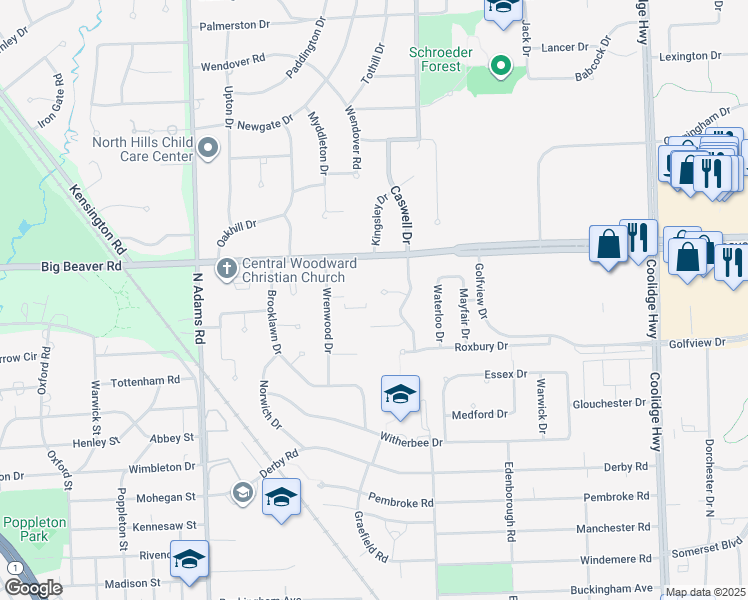 map of restaurants, bars, coffee shops, grocery stores, and more near 3475 Dorothea Court in Troy