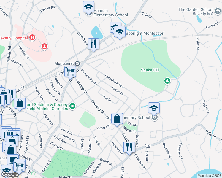 map of restaurants, bars, coffee shops, grocery stores, and more near 13 Foster Dr in Beverly
