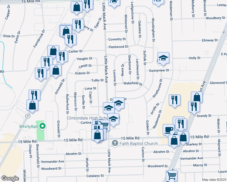 map of restaurants, bars, coffee shops, grocery stores, and more near 35701 Lucerne Street in Clinton Township
