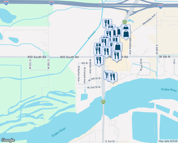 map of restaurants, bars, coffee shops, grocery stores, and more near 364 North Miller Avenue in Burley