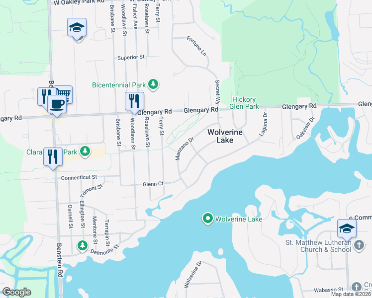 map of restaurants, bars, coffee shops, grocery stores, and more near 823 Manzano Drive in Commerce Charter Township