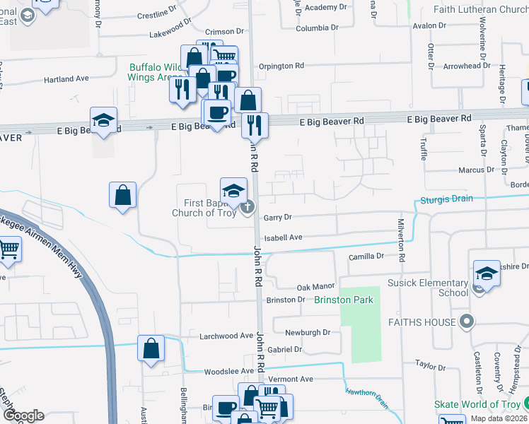 map of restaurants, bars, coffee shops, grocery stores, and more near 2053 Garry Drive in Troy