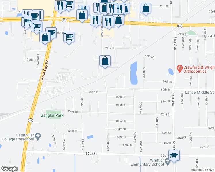 map of restaurants, bars, coffee shops, grocery stores, and more near 7927 60th Avenue in Kenosha