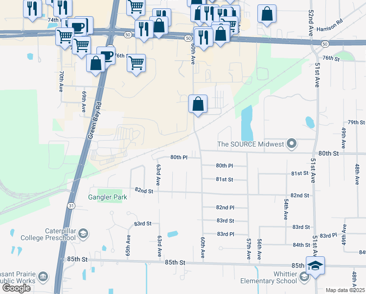 map of restaurants, bars, coffee shops, grocery stores, and more near 7918 60th Avenue in Kenosha