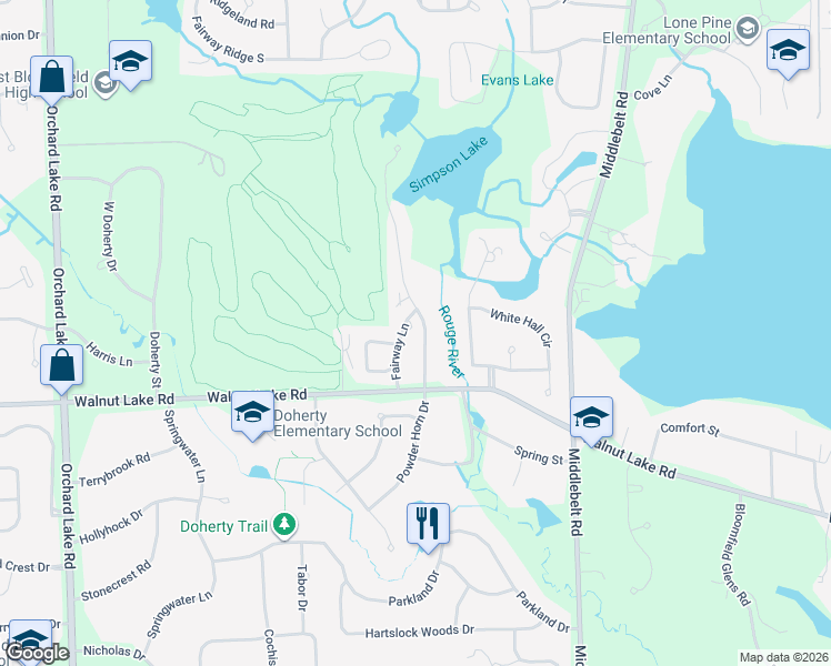 map of restaurants, bars, coffee shops, grocery stores, and more near 5354 Simpson Lake Road in Oakland County