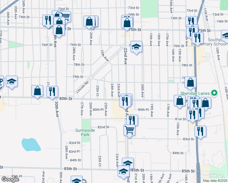 map of restaurants, bars, coffee shops, grocery stores, and more near 7931 24th Avenue in Kenosha