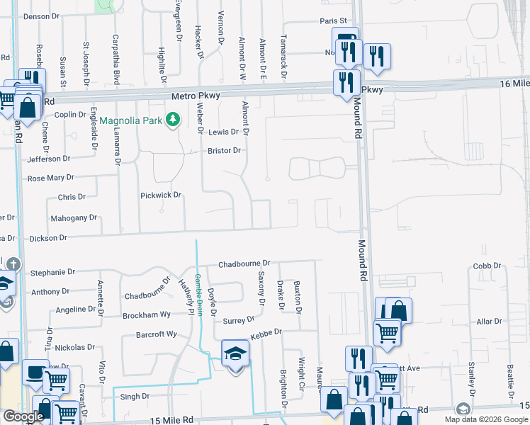 map of restaurants, bars, coffee shops, grocery stores, and more near 36149 Beverly Drive in Sterling Heights