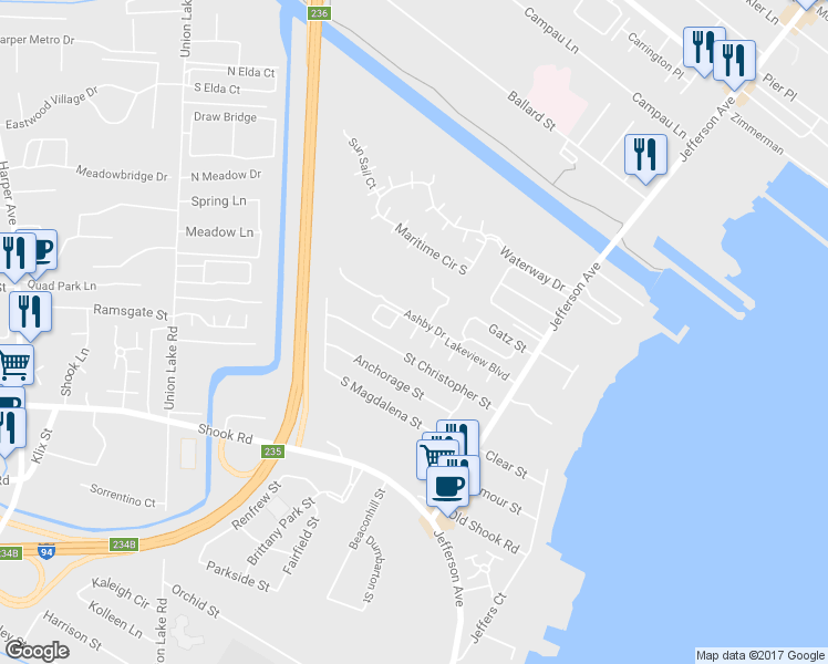 map of restaurants, bars, coffee shops, grocery stores, and more near 25268 Yorktown Court in Harrison charter Township