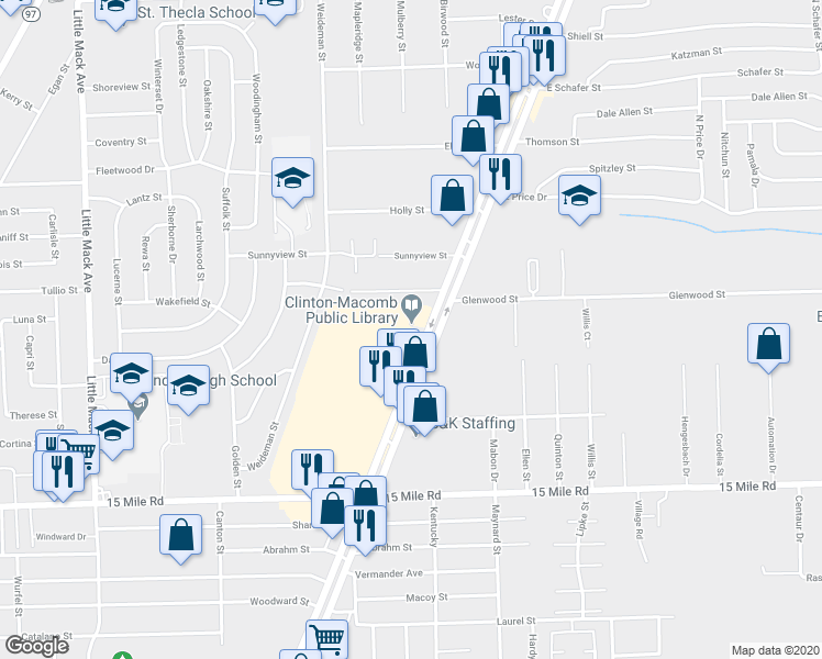 map of restaurants, bars, coffee shops, grocery stores, and more near 35679 South Gratiot Avenue in Clinton Township