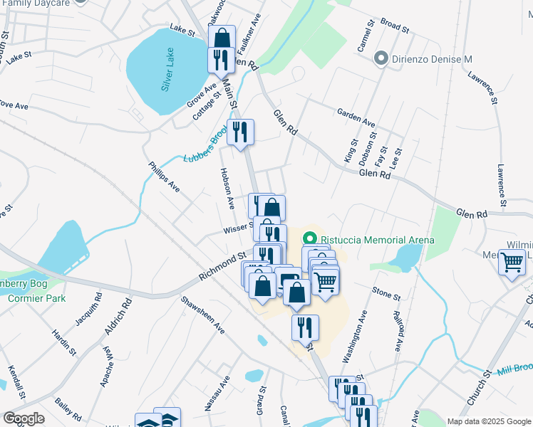 map of restaurants, bars, coffee shops, grocery stores, and more near 182 Main Street in Wilmington