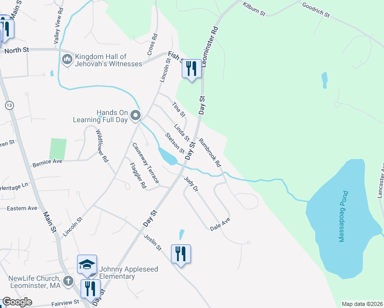 map of restaurants, bars, coffee shops, grocery stores, and more near 347 Day Street in Leominster