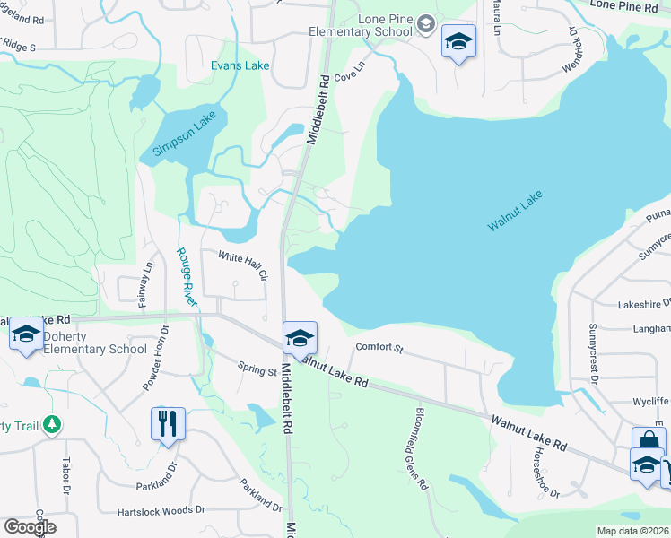 map of restaurants, bars, coffee shops, grocery stores, and more near 5375 Middlebelt Road in West Bloomfield Township
