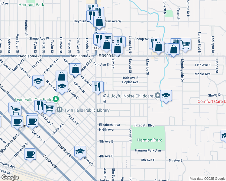 map of restaurants, bars, coffee shops, grocery stores, and more near 1236 9th Avenue East in Twin Falls