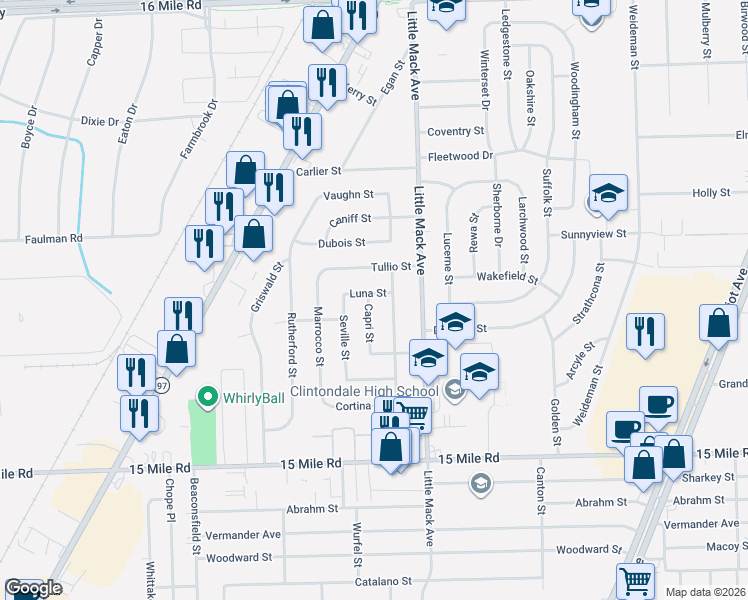 map of restaurants, bars, coffee shops, grocery stores, and more near 20510 Luna Street in Clinton Township